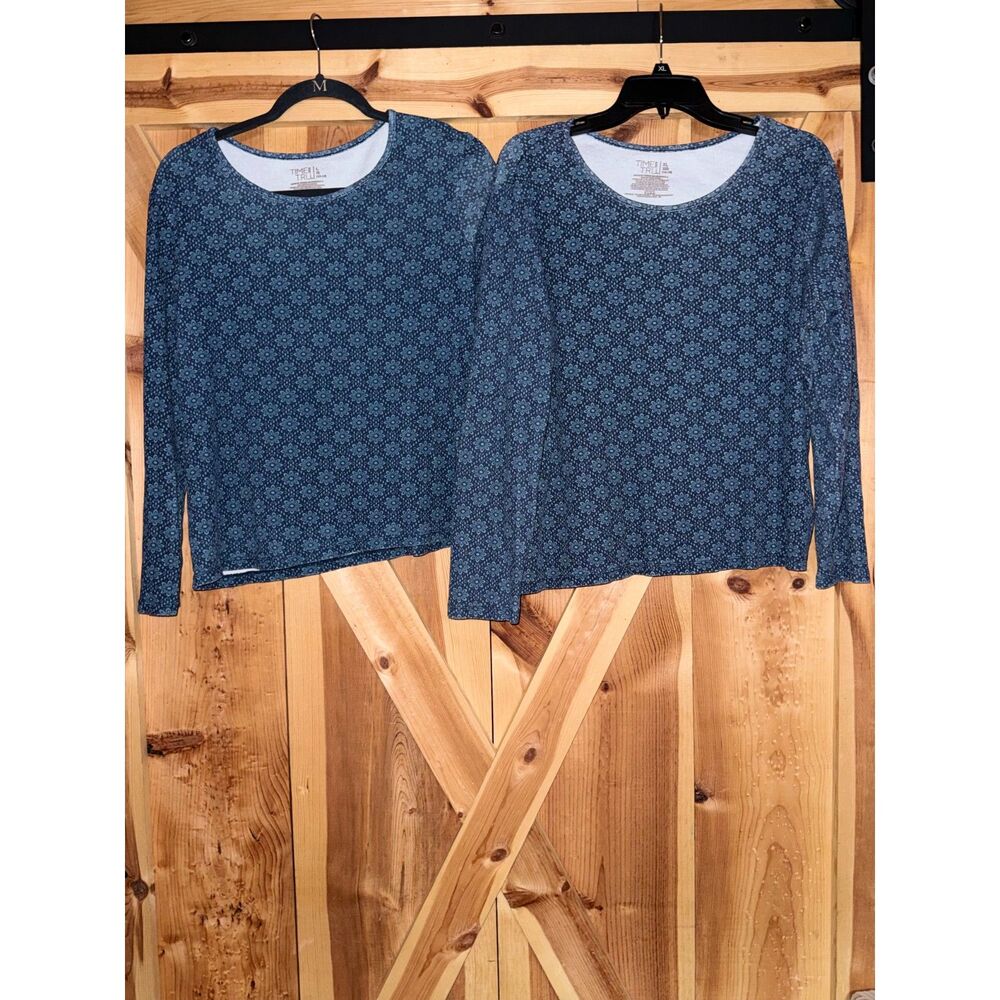 Lot of 2 Time & Tru Blue Floral Print Long Sleeve Tops Womens Cottagecore L/XL